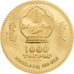 The reverse of the same gold coin, with Mongol Bank lettering and a 1000 tögrög denomination